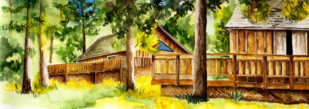 A forest scene with trees in the foreground and a rustic cabin with wood fencing in the background.